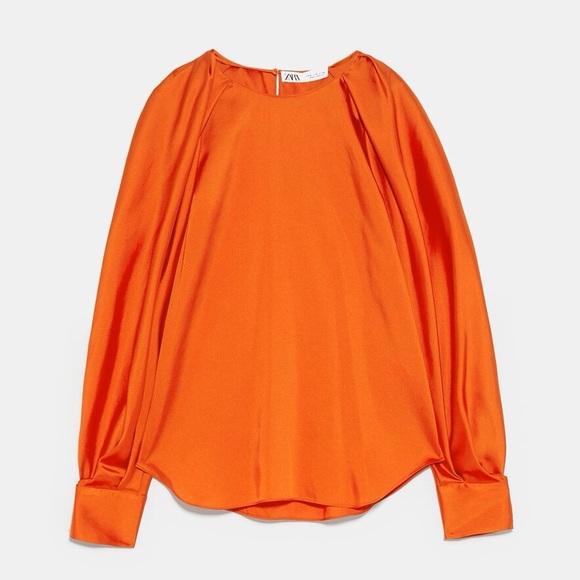 Zara Women's Orange Puff Sleeve Blouse Diamanté Button Satin Top Size Small NWT - Picture 5 of 16